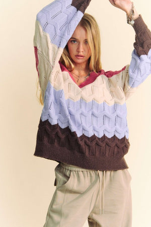 Davi & Dani Wavy Texture Color Block V-Neck Sweater - Teresa's Fashionista LLC