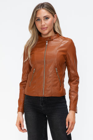 Snobbish Faux Leather Zip Up Drawstring Hooded Jacket - Teresa's Fashionista LLC