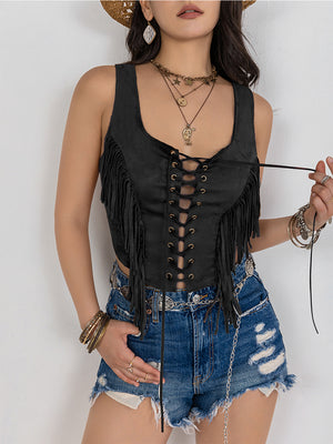 Fringe Lace-Up Vest-Teresa's Fashionista LLC