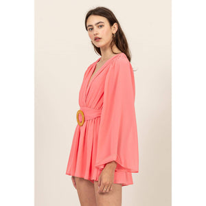 Plunging Neckline Bell Sleeve Romper