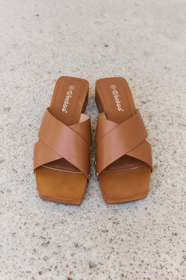 Weeboo Step Into Summer Criss Cross Wooden Clog Mule in Brown-Teresa's Fashionista LLC
