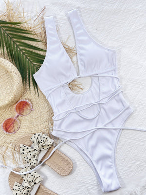 Ribbed Lace Up One-Piece Swimsuit-Teresa's Fashionista LLC