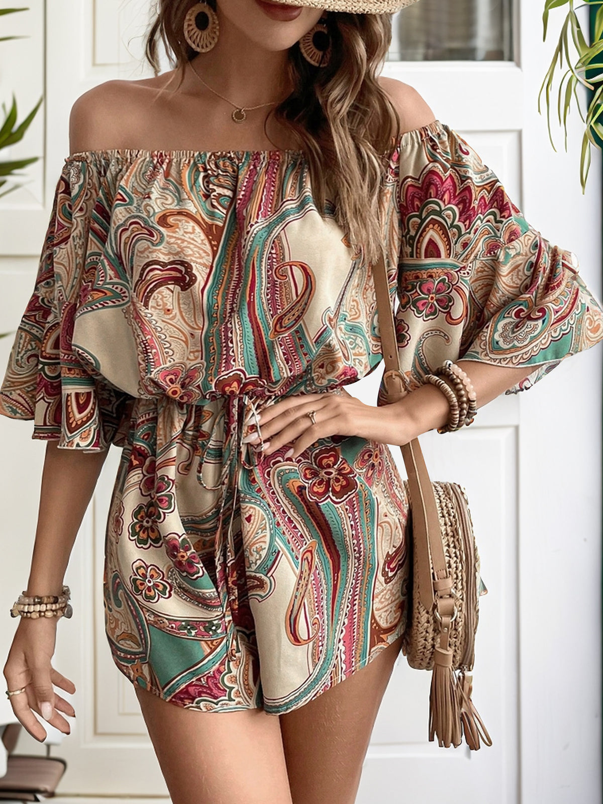 Printed Off Shoulder Half Sleeve Romper-Teresa&#39;s Fashionista LLC