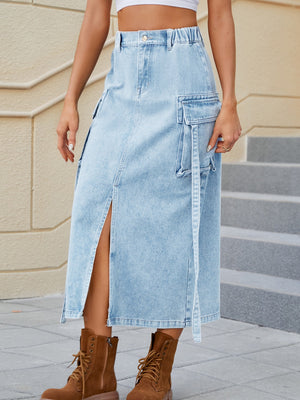 Slit Pocketed High Waist Denim Skirt-Teresa's Fashionista LLC