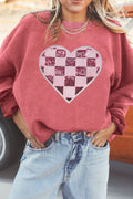 Valentine’s Day Sequin Checkered Heart Long Sleeve Sweatshirt - Teresa's Fashionista LLC