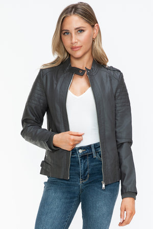 Snobbish PU Leather Biker Jacket with Side Zip Pockets - Teresa's Fashionista LLC