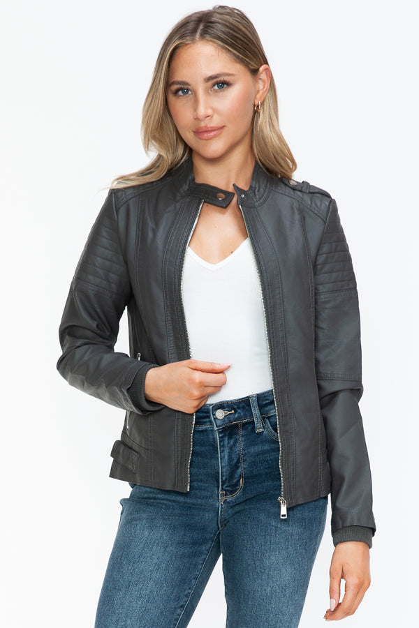Snobbish PU Leather Biker Jacket with Side Zip Pockets - Teresa's Fashionista LLC