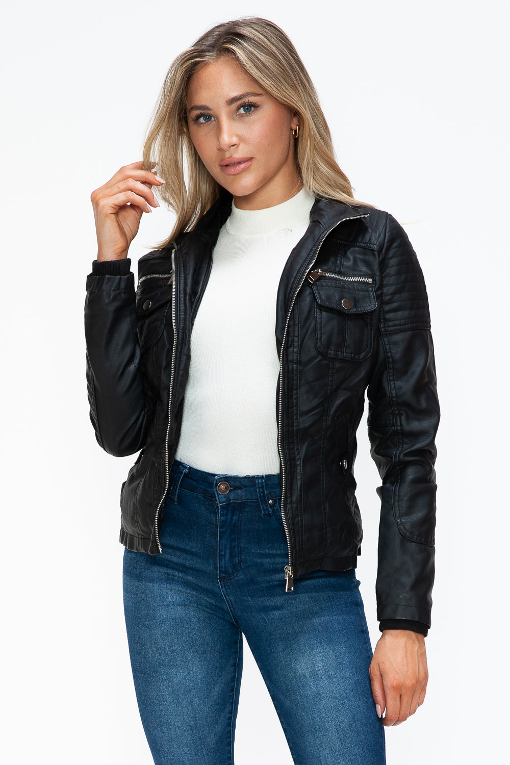 YMI Removable Faux Layered Multi-Pocket Jacket with Fuzzy Hood - Teresa's Fashionista LLC
