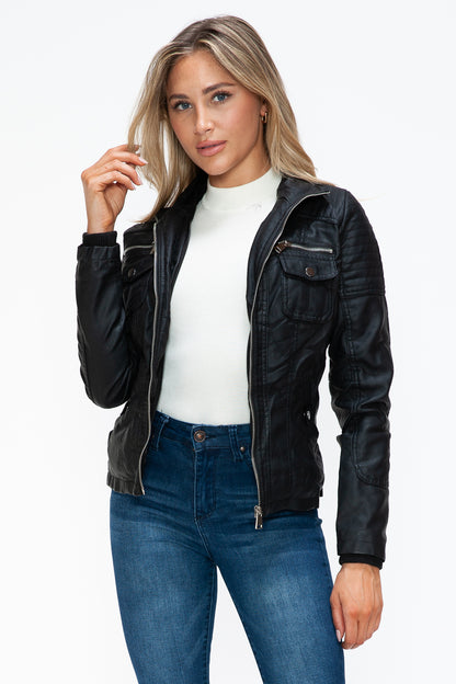YMI Removable Faux Layered Multi-Pocket Jacket with Fuzzy Hood - Teresa's Fashionista LLC