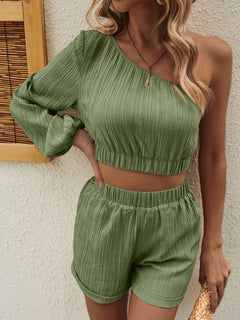 One Shoulder Long Sleeve Top and Shorts Set-Teresa's Fashionista LLC
