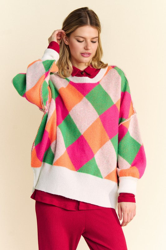 Davi & Dani Exposed Seam Color Block Dropped Shoulder Sweater - Teresa's Fashionista LLC