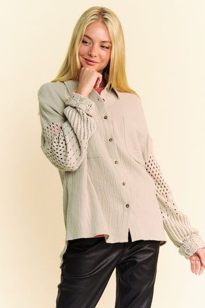 Davi & Dani Crochet Sleeve Crinkled Texture Shirt - Teresa's Fashionista LLC