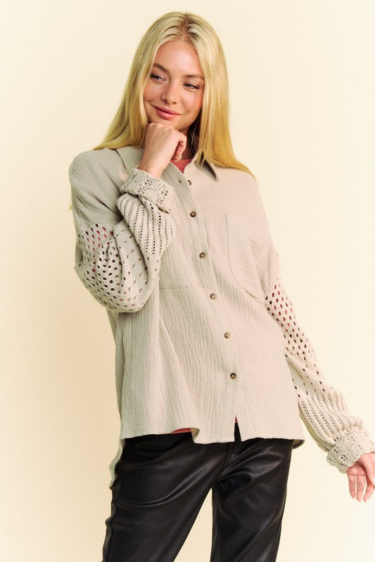 Davi & Dani Crochet Sleeve Crinkled Texture Shirt - Teresa's Fashionista LLC
