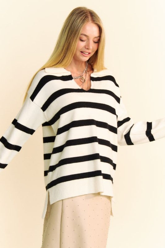 Davi & Dani High-Low Side Slit Striped Johnny Collar Sweater - Teresa's Fashionista LLC