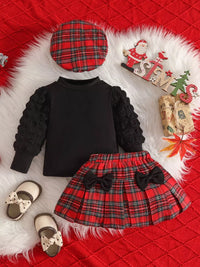 Children's Puff Sleeve Top and Plaid Skirt Set with Hat