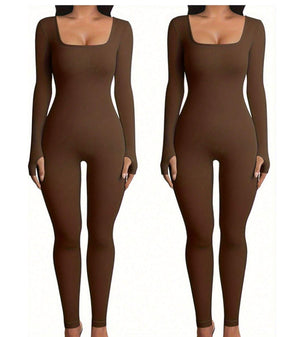 Women's Yoga Sports Fitness Jumpsuit Workout Long Sleeve Square Collar Clothing - Teresa's Fashionista LLC