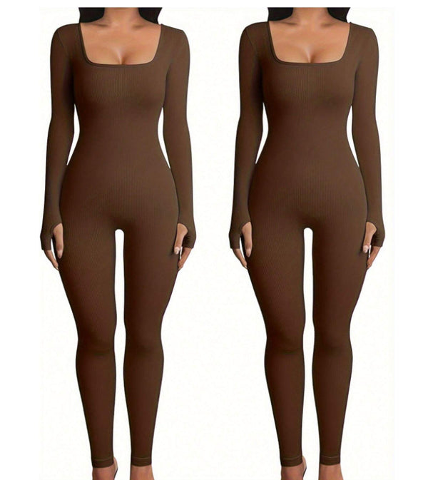Women's Yoga Sports Fitness Jumpsuit Workout Long Sleeve Square Collar Clothing - Teresa's Fashionista LLC