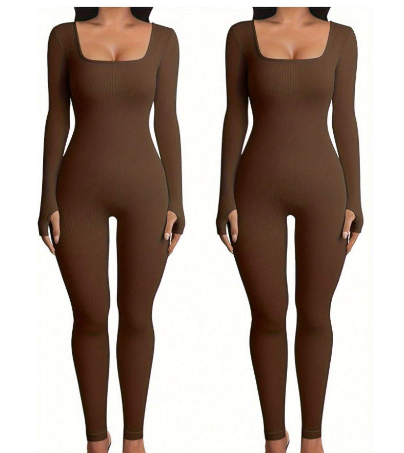 Women's Yoga Sports Fitness Jumpsuit Workout Long Sleeve Square Collar Clothing - Teresa's Fashionista LLC