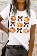 Pumpkin round neck short sleeve t-shirt with pumpkin and bow design.