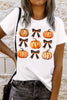 Pumpkin round neck short sleeve t-shirt with pumpkin and bow design.