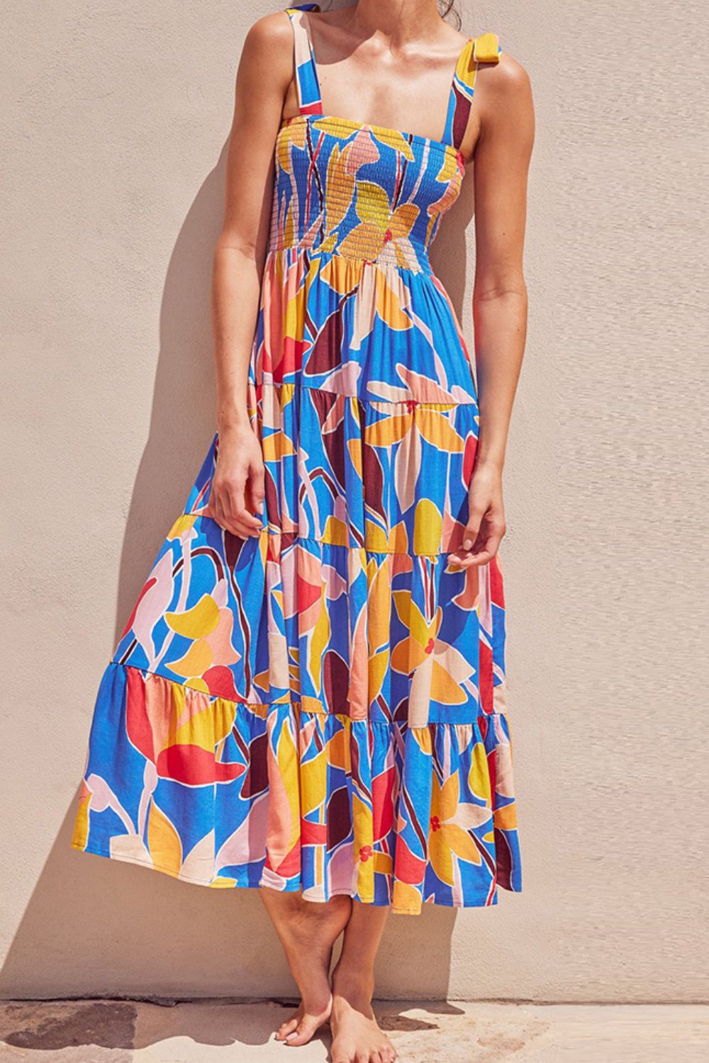 Floral Tie Shoulder Smocked Tiered Dress-Teresa's Fashionista LLC