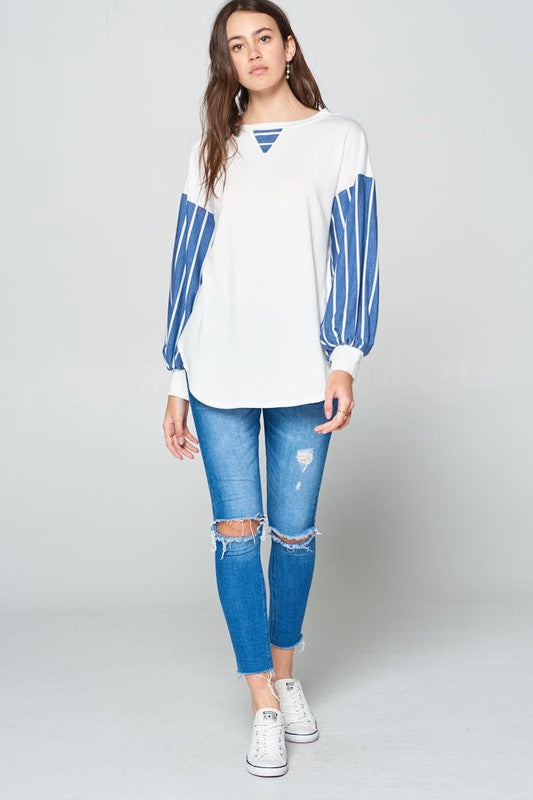 Super Lady Full Size French Terry Striped Long Sleeve Top - Teresa's Fashionista LLC