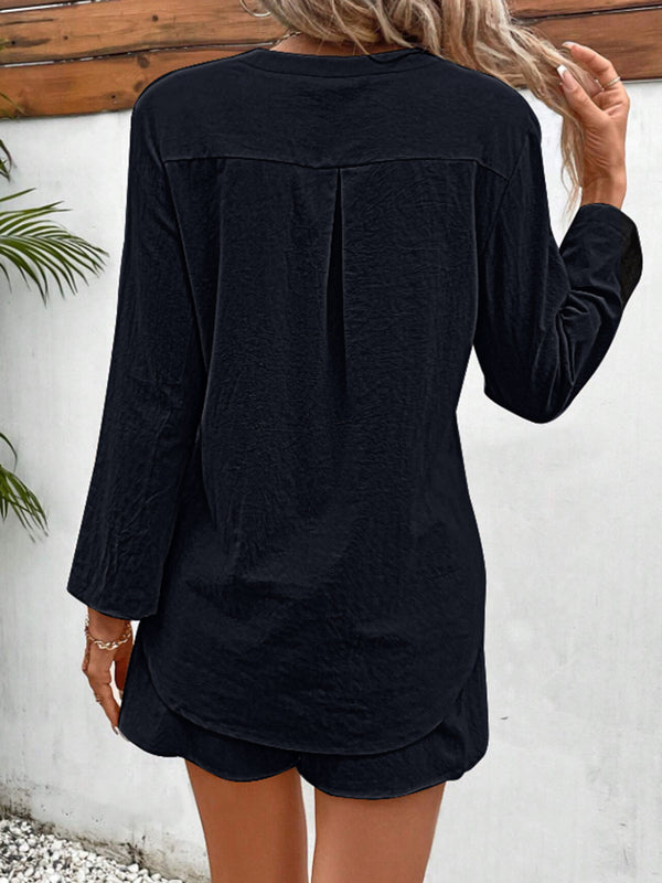 Notched Long Sleeve Top and Shorts Set-Teresa's Fashionista LLC