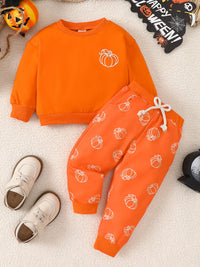 Children's Halloween Pumpkin Print Long Sleeve Sweatshirt and Pants Set