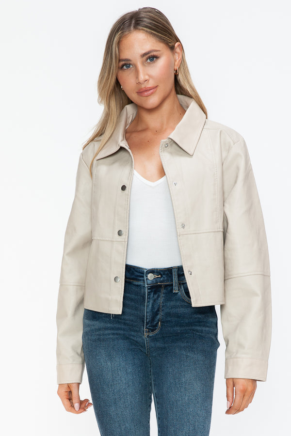 Snobbish Snap Down Long Sleeve PU Leather Jacket - Teresa's Fashionista LLC