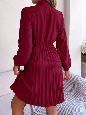 Tie Neck Balloon Sleeve Pleated Dress-Teresa's Fashionista LLC