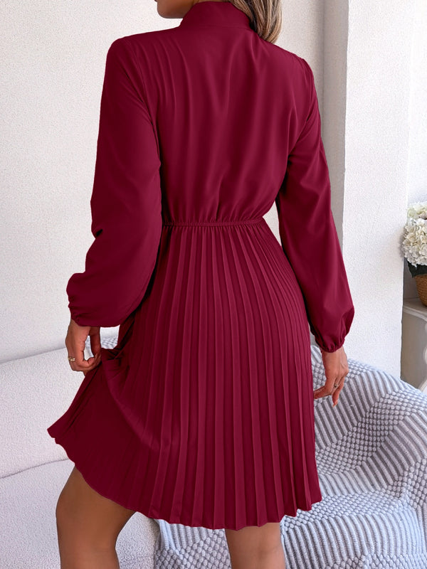 Tie Neck Balloon Sleeve Pleated Dress-Teresa's Fashionista LLC