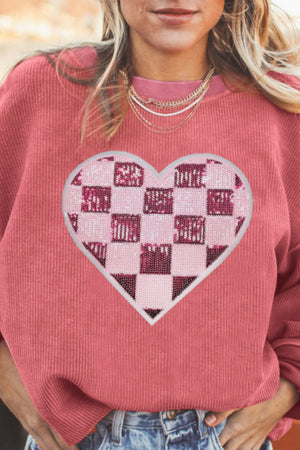 Valentine’s Day Sequin Checkered Heart Long Sleeve Sweatshirt - Teresa's Fashionista LLC