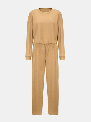 Waffle-Knit Round Neck Top and Pants Set-Teresa's Fashionista LLC