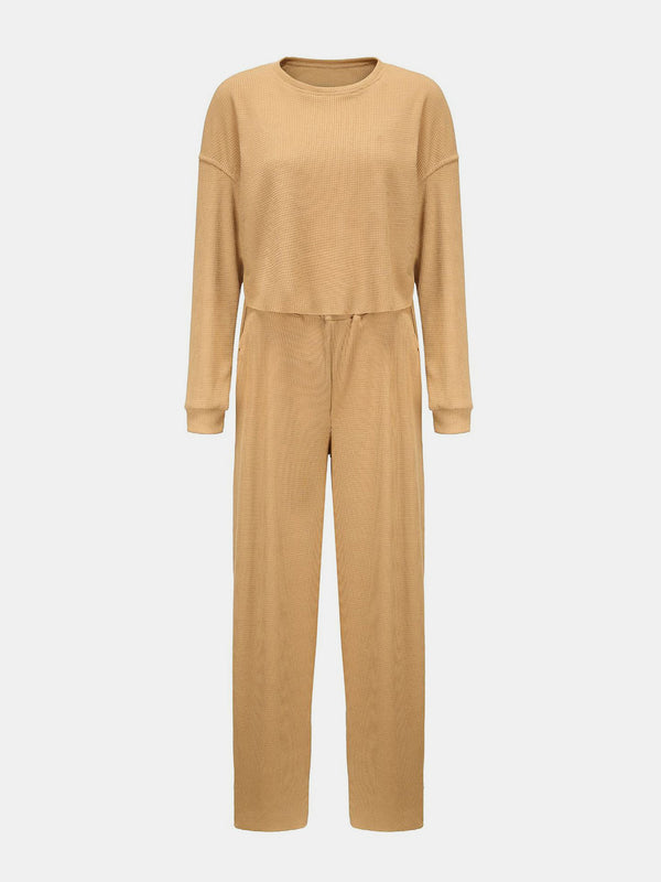 Waffle-Knit Round Neck Top and Pants Set-Teresa's Fashionista LLC