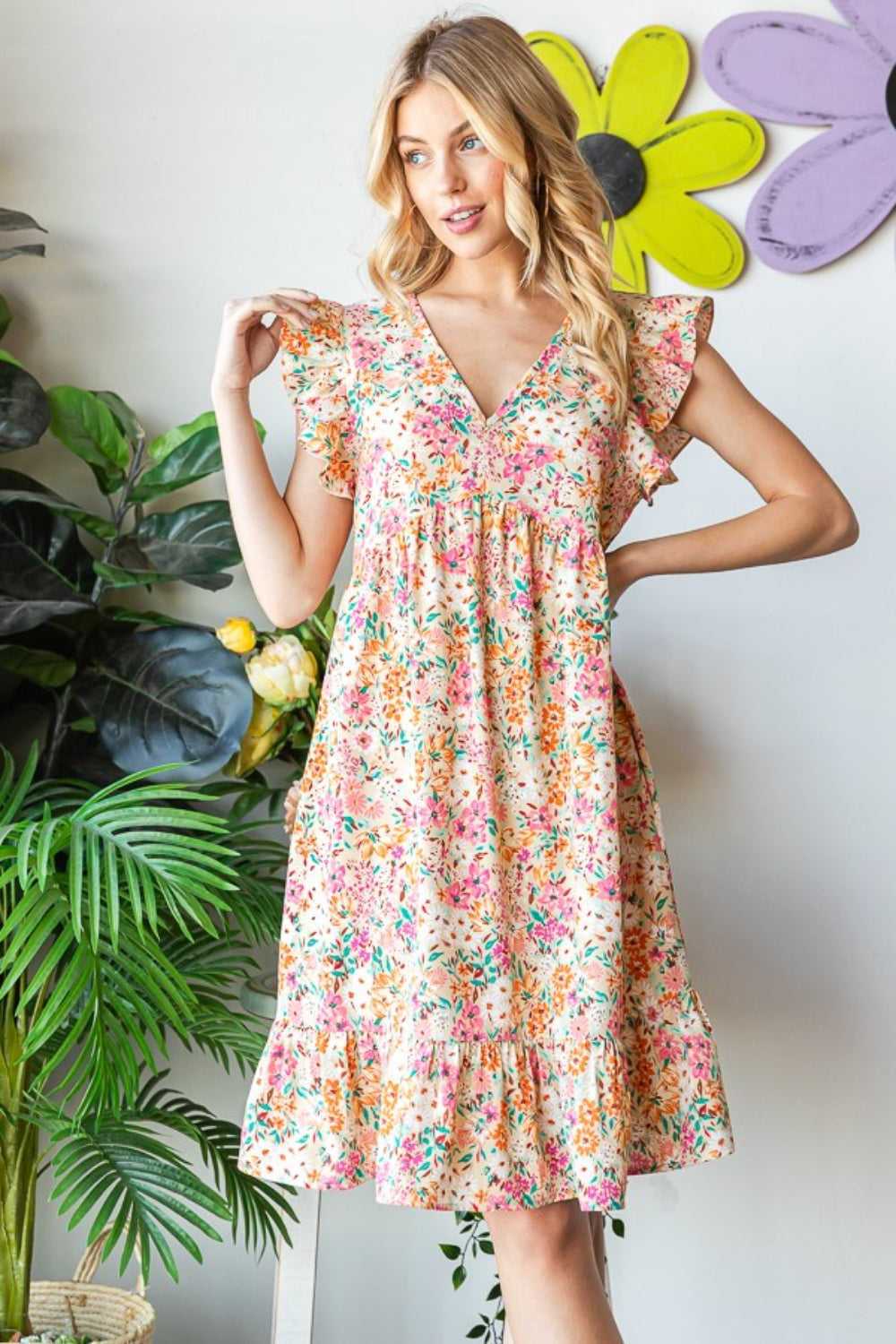 Heimish Full Size Floral Ruffled V-Neck Dress-Teresa&#39;s Fashionista LLC