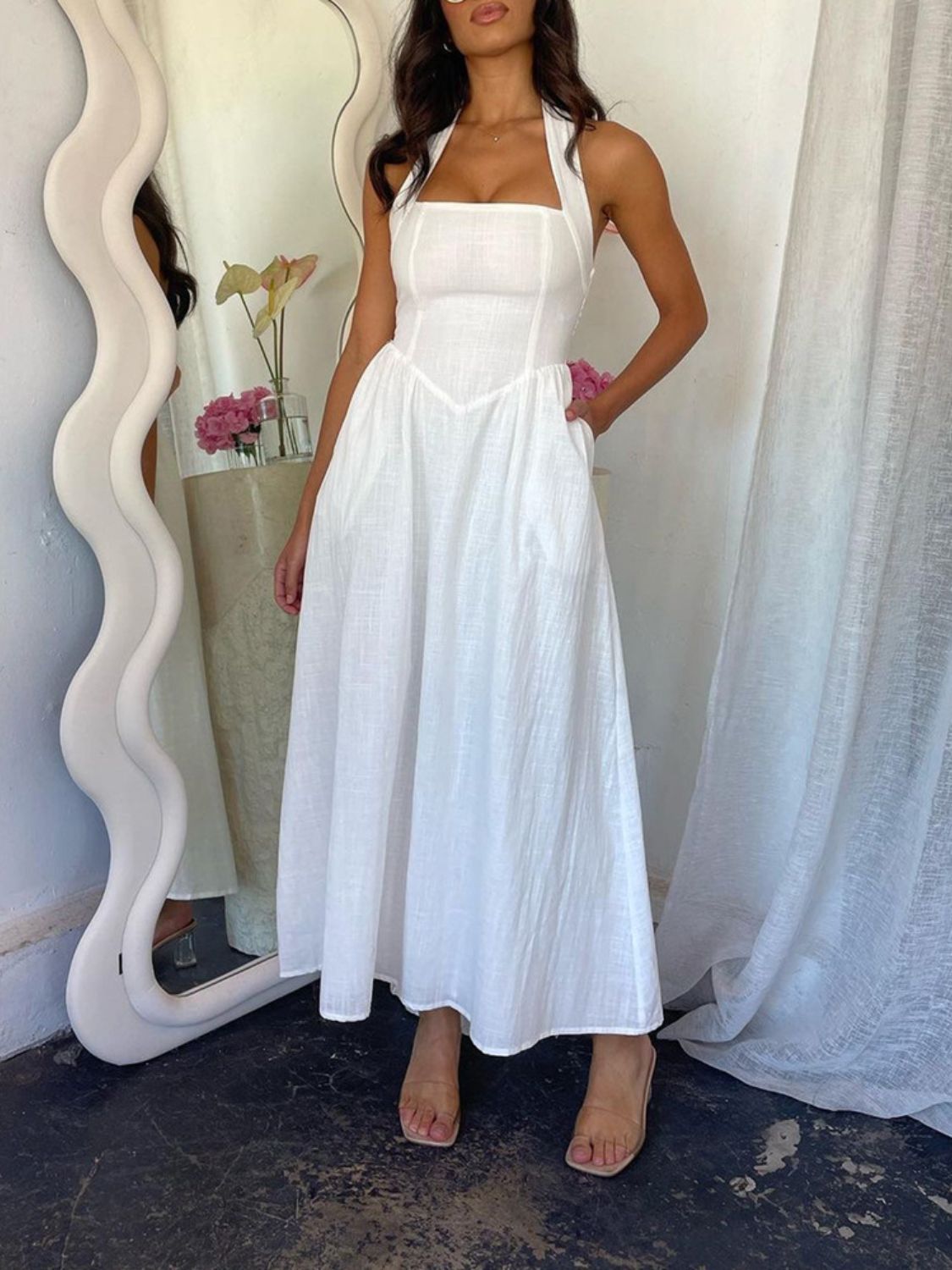 Devine Ruched Halter Neck Midi Dress - Teresa's Fashionista LLC