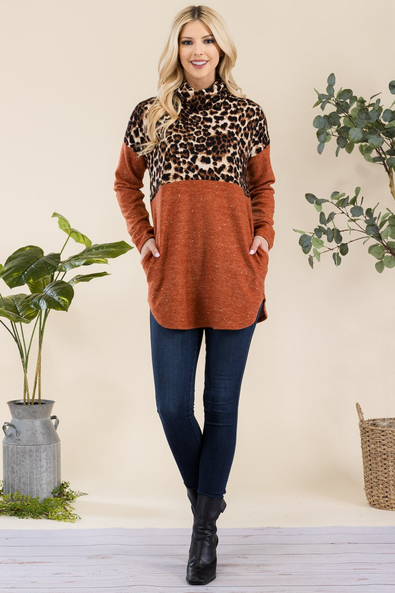 Celeste Full Size Curved Hem Leopard Turtleneck Long Sleeve Blouse - Teresa's Fashionista LLC