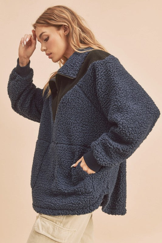 Aemi+Co Two Tone Half Zip Fleece Sweatshirt - Teresa's Fashionista LLC