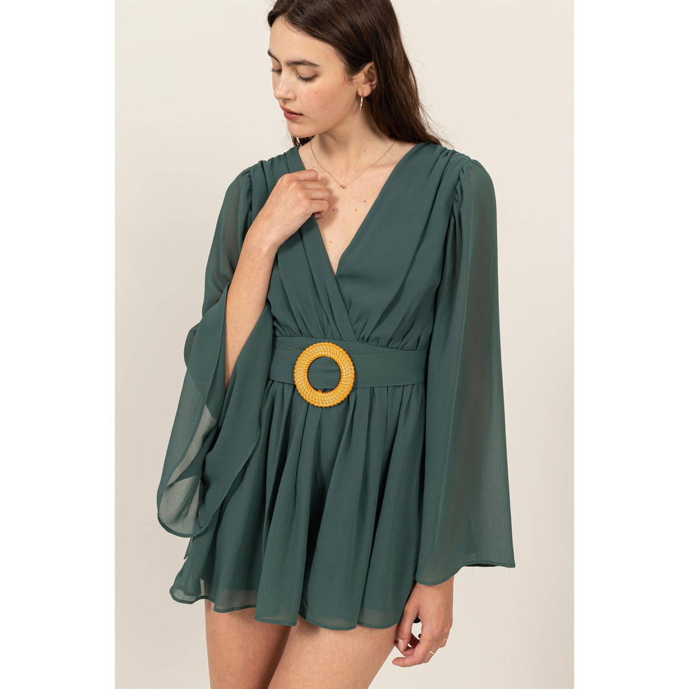 Plunging Neckline Bell Sleeve Romper
