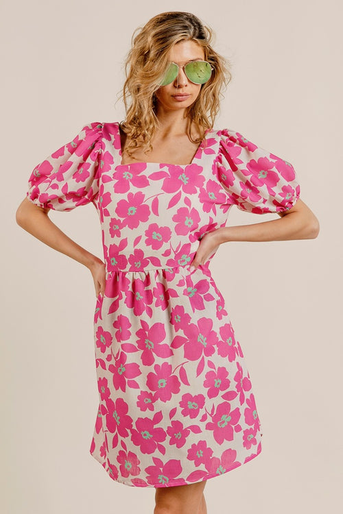 BiBi Printed Square Neck Puff Sleeve Mini Dress-Teresa's Fashionista LLC
