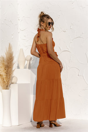 Halter Neck Tie Waist Tiered Maxi Dress-Teresa's Fashionista LLC