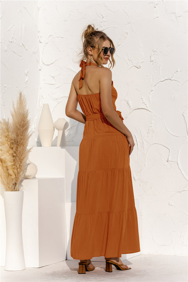Halter Neck Tie Waist Tiered Maxi Dress-Teresa's Fashionista LLC