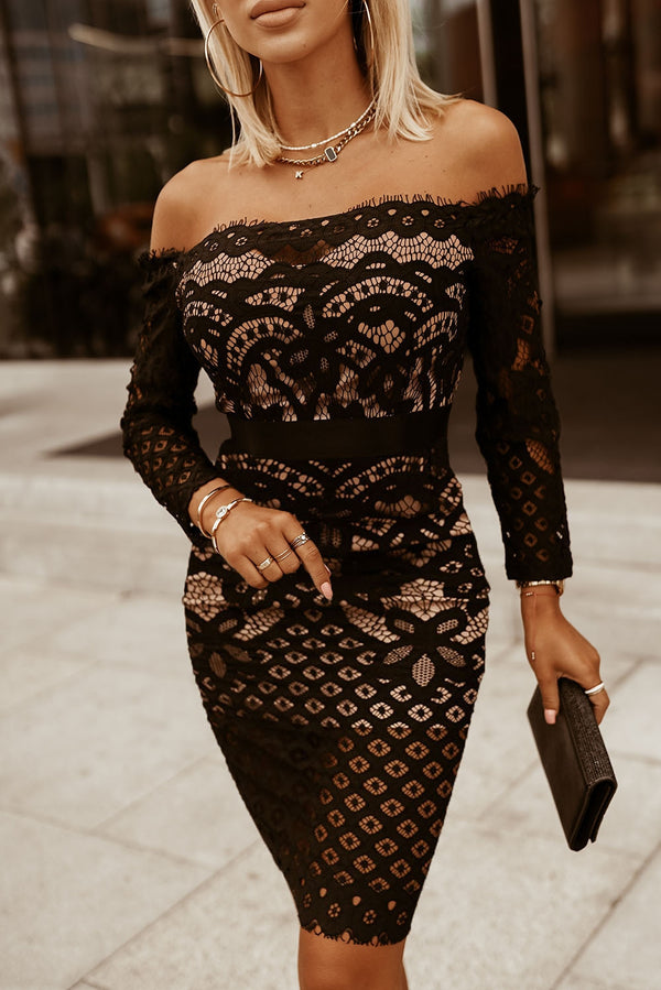 Off-Shoulder Long Sleeve Lace Dress-Teresa's Fashionista LLC