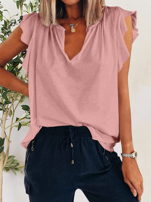 Ruffled Notched Cap Sleeve T-Shirt-Teresa's Fashionista LLC