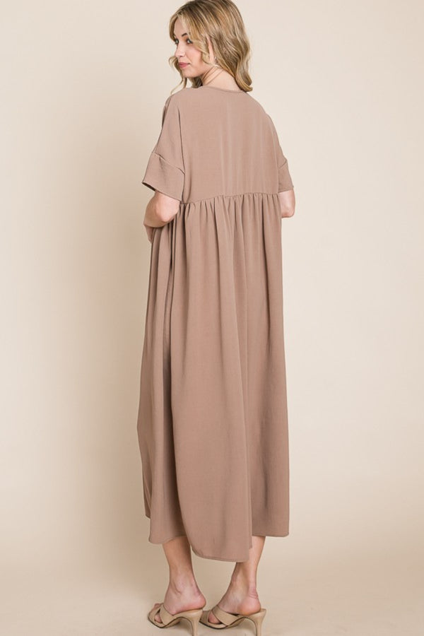 BOMBOM Round Neck Ruched Midi Dress-Teresa's Fashionista LLC