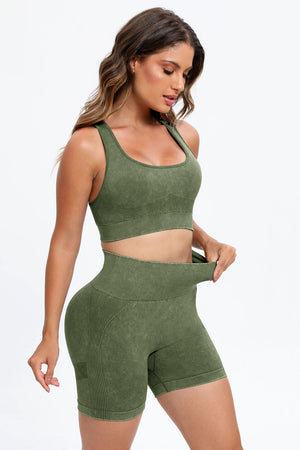 3 Piece Washed Square Neck Wide Strap Active Set-Teresa's Fashionista LLC