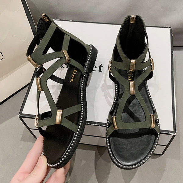 Open Toe Back Zipper Flat Sandals-Teresa's Fashionista LLC
