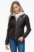 YMI Faux Layered Double-Zipper Jacket with Fuzzy Hood - Teresa's Fashionista LLC