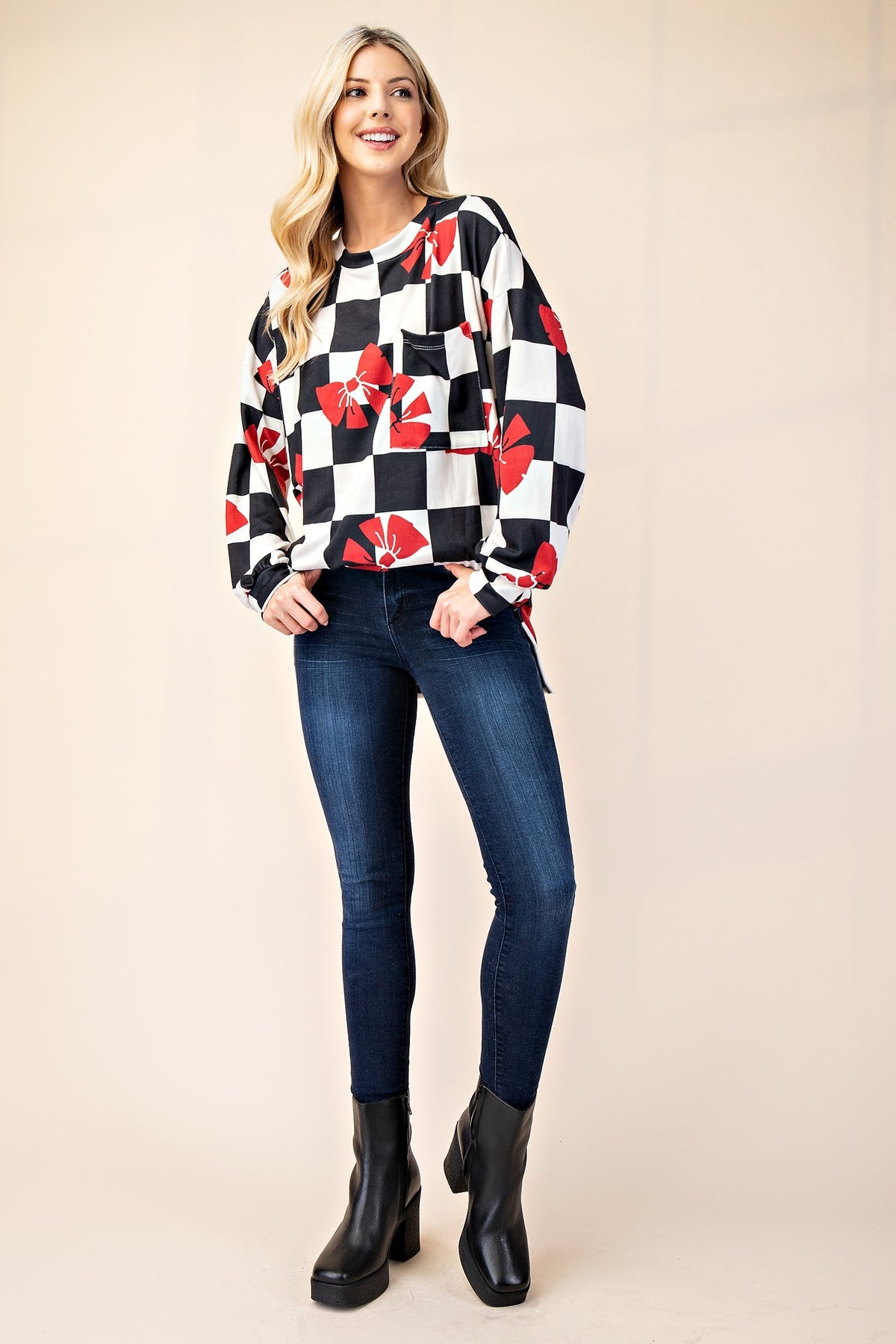 Celeste Full Size Checkered Bow Print Round Neck T-Shirt - Teresa's Fashionista LLC