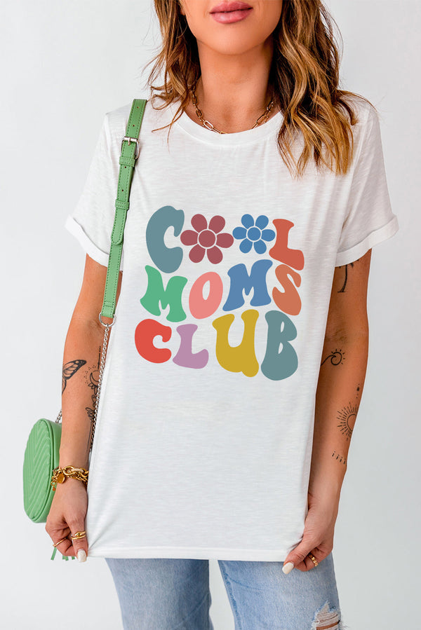 COOL MOMS CLUB round neck short sleeve t-shirt with colorful text design.